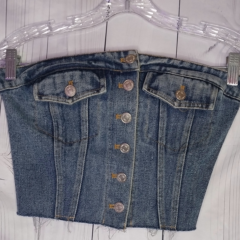 PaperMoon Kaylani Button Front Y2K Retro Denim Corset Raw Frayed Hem Tube Top